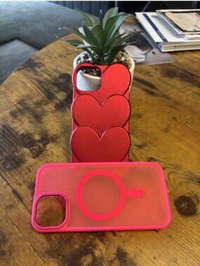 iPhone 15 Case Bundle - Cute 3D Red Heart Case & Pink MagSafe Case